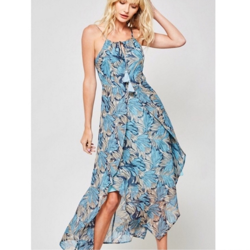 New Elegant Blue Leaf Print Women's Summer Midi Dress